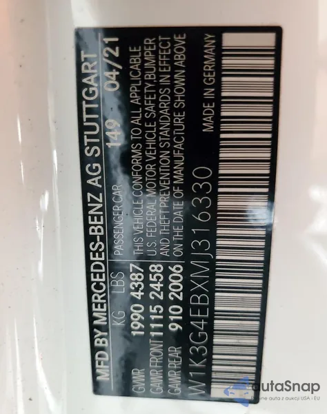 2021 Mercedes-Benz A 220 z USA, uszkodzony, nr VIN W1K3G4EBXMJ316330